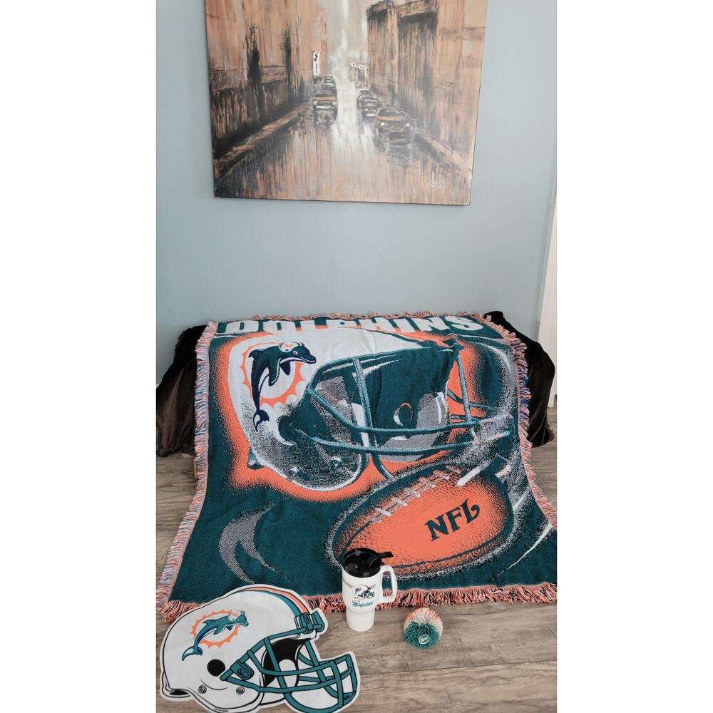 Vintage Miami Dolphins NFL Fan Bundle Blanket Mug Helmet Sign Pom Pom Decor